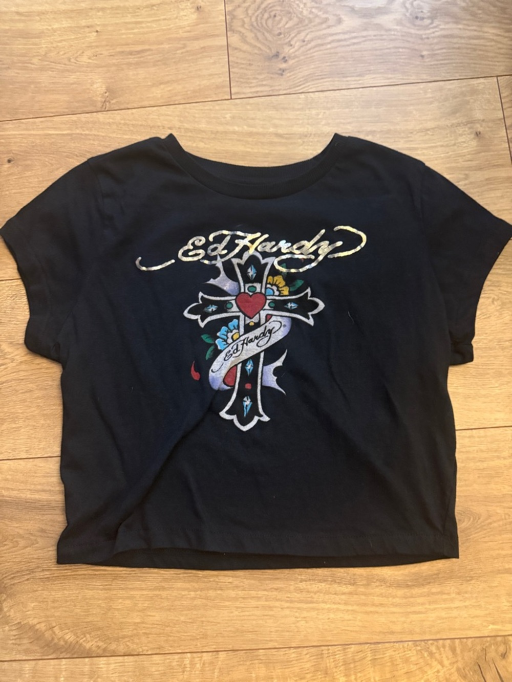 Ed Hardy Black cropped Short Sleeve Tee with Gold Script and Colorful Cross
